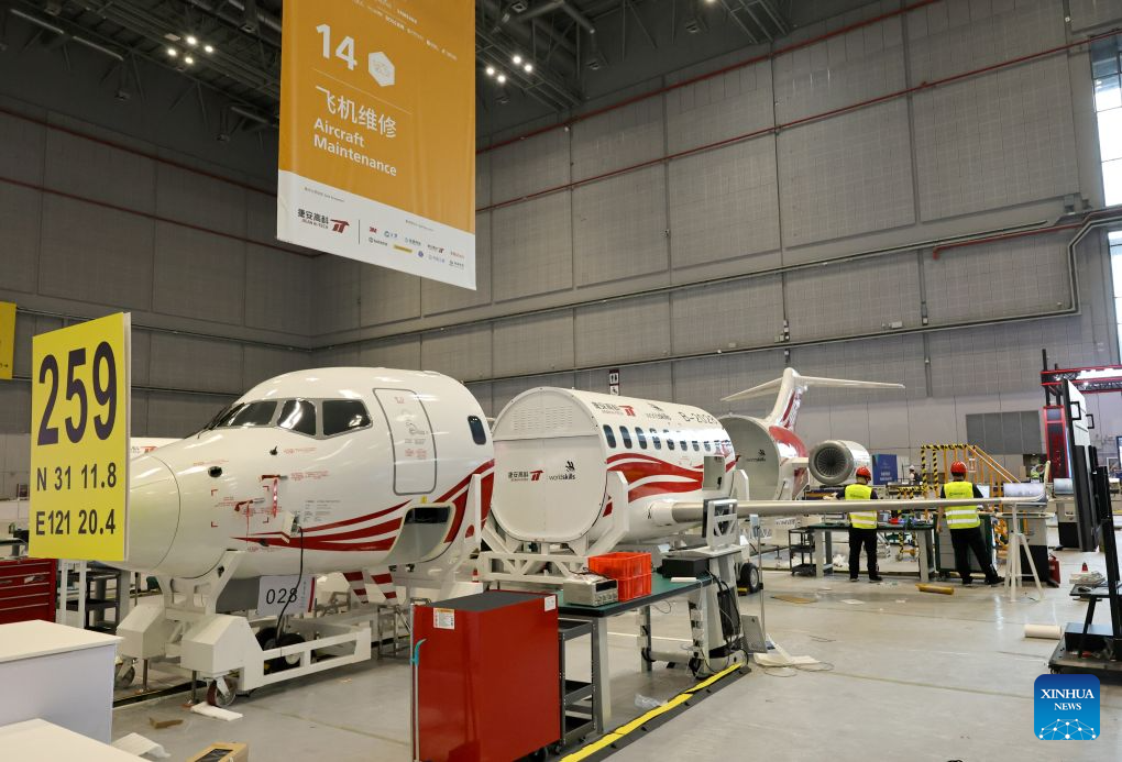 Technicians run tests at the venue for aircraft maintenance event of the 48th WorldSkills Competition, in east China's Shanghai, Sept. 15, 2026. The 48th WorldSkills Competition is scheduled to take place from September 22 to 27 in Shanghai. (Xinhua/Fang Zhe)