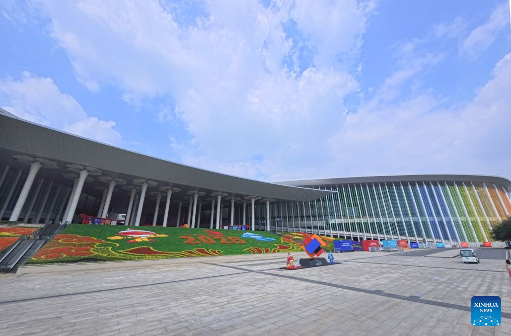 This photo taken on Sept. 21, 2026 shows decorations for the 48th WorldSkills Competition at the south square of the National Exhibition and Convention Center (Shanghai) in east China's Shanghai. The 48th WorldSkills Competition is scheduled to take place from September 22 to 27 in Shanghai. (Xinhua/Fang Zhe)