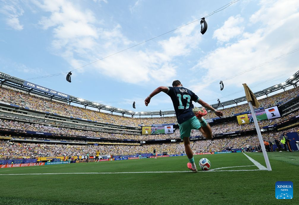 Florian Wirtz of Germany takes a corner kick during the group E match between Ecuador and Germany at the 2026 FIFA World Cup at New York New Jersey Stadium in New Jersey, the United States, June 25, 2026. (Xinhua/Cao Can)