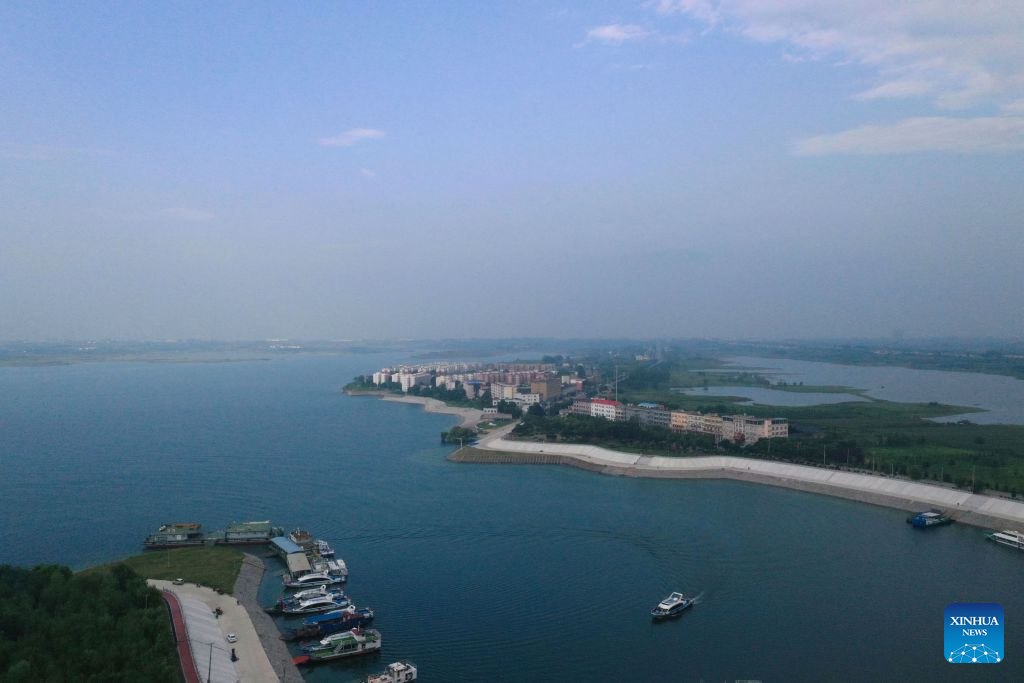 An aerial drone photo taken on Aug. 20, 2026 shows a view of the Danjiangkou Reservoir in Nanyang, central China's Henan Province. (Photo by Kong Weijia/Xinhua)