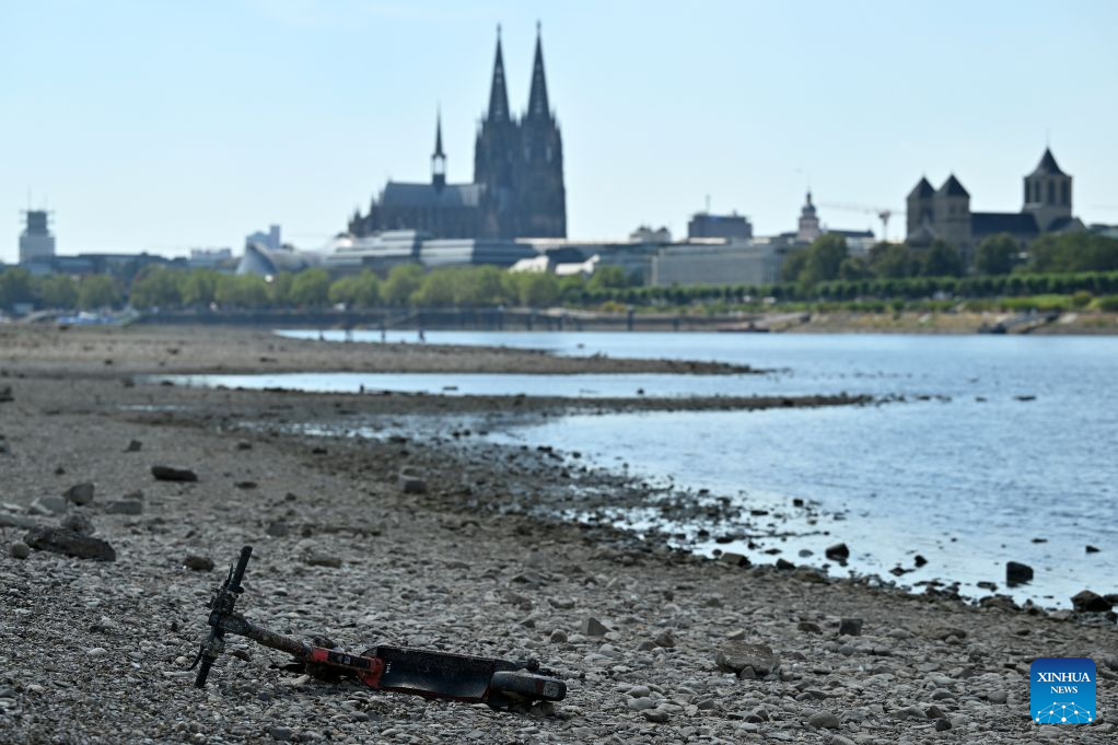 The Rhine River is pictured in Cologne, Germany, Aug. 10, 2026. Persistent drought has caused water levels to fall along several sections of the Rhine River in Germany. (Photo by Ulrich Hufnagel/Xinhua)