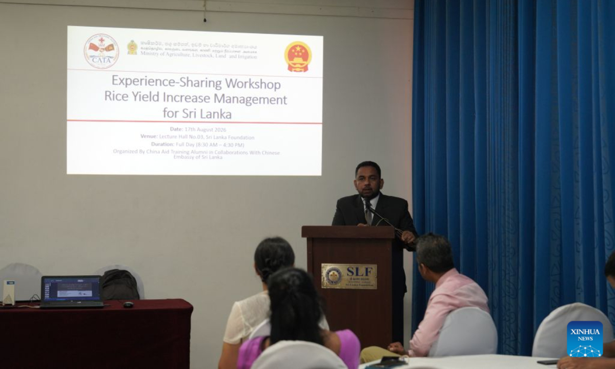 Sanjeewa Wimalagunarathna, president of CATA Sri Lanka, speaks during the first targeted experience-sharing workshop organized by China Aid Training Alumni (CATA) Sri Lanka held in Colombo, Sri Lanka, Aug. 17, 2026. The first targeted experience-sharing workshop organized by China Aid Training Alumni (CATA) Sri Lanka was held in Colombo on Monday, focusing on ways to increase rice yields and promote agricultural development in the country. (Xinhua/Chen Dongshu)