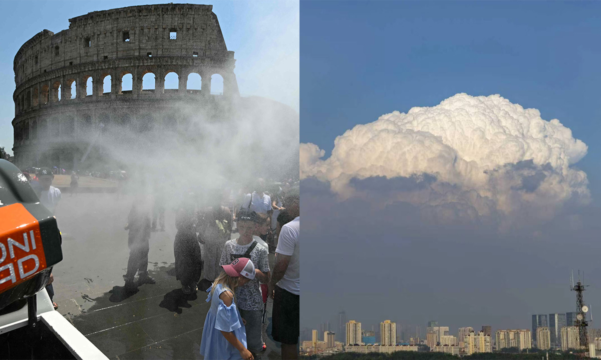 Left: People refresh in front of a water-sprinkling cannon brought by Rome's municipality to relieve tourists visiting the Colosseum and Roman Forum as temperatures reach record highs, in Rome, on June 26, 2026. Right: A massive cloud appeared — fluffy, full, and soft as a piece of cotton candy, over Tongzhou district, Beijing on June 24, 2026. Photos: VCG