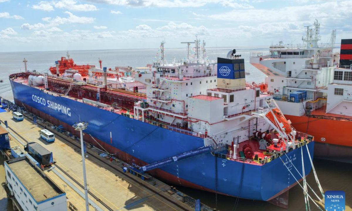 A drone photo taken on Sept. 8, 2026 shows the Chang Ping Yuan, a very large gas carrier (VLGC), at a port of COSCO Shipping (Qidong) Offshore Co., Ltd. in Qidong, east China's Jiangsu Province. The independently designed and built 88,000-cubic-meter very large gas carrier (VLGC) Chang Ping Yuan was delivered on Tuesday. The vessel is 230 meters in length and has a moulded depth of 23.85 meters. (Photo by Xu Congjun/Xinhua)