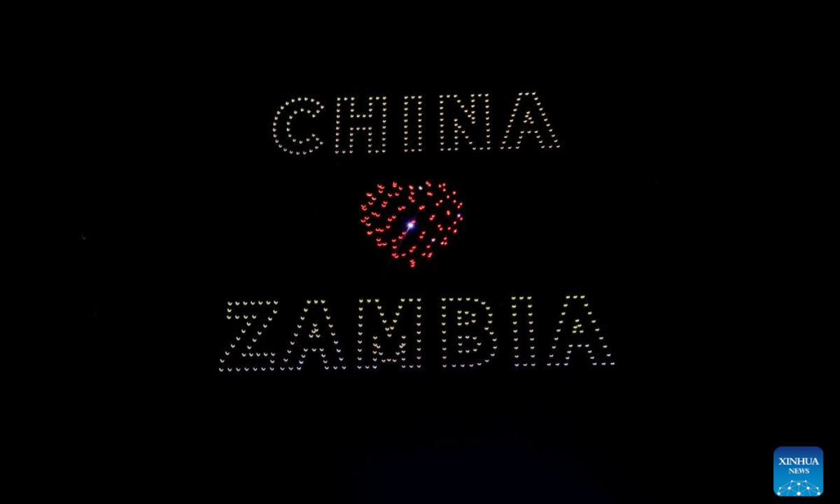 A formation of drones depicts an image themed on China-Zambia friendship at a drone light show marking China-Zambia people-to-people exchanges in Lusaka, Zambia, on Aug. 29, 2026. Hundreds of synchronized drones on Saturday night lit up the skies of Lusaka, the Zambian capital, to mark the China-Zambia people-to-people exchanges. The drone light show featured a series of aerial visuals depicting landmark projects including the Tanzania-Zambia Railway, national flags of the two countries, and some of Zambia's unique tourism attractions. (Photo by Martin Mbangweta/Xinhua)