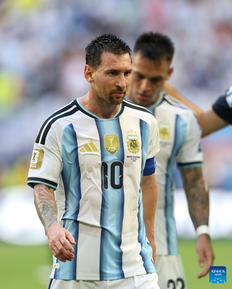 Lionel Messi of Argentina leaves the pitch at the end of the first half during the round of 32 match between Argentina and Cabo Verde at the 2026 FIFA World Cup at Miami Stadium, Miami, the United States, July 3, 2026. (Xinhua/Xu Zijian)