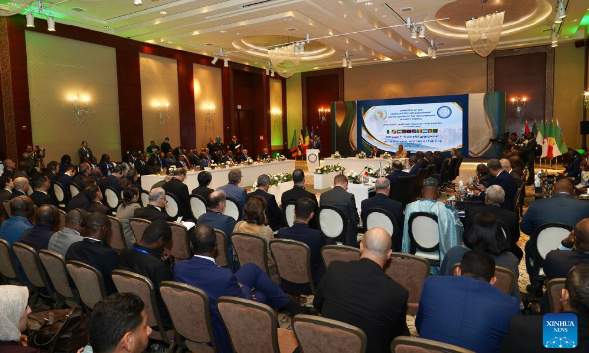 Photo taken on Oct. 11, 2026 shows the 14th ministerial meeting of the African Committee of Ten (C-10) on UN Security Council reform in Tripoli, Libya. The meeting opened here on Sunday, with participants discussing ways to strengthen Africa's representation in the international body. (Photo by Hazem Turkia/Xinhua)