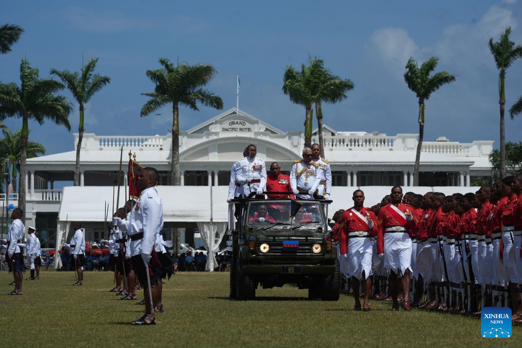 Soldiers stand in formation for inspection at Albert Park in Suva, Fiji, Oct. 10, 2026. October 10 marks Fiji's national day, also known as Fiji Day. (Xinhua/Bai Yongquan)