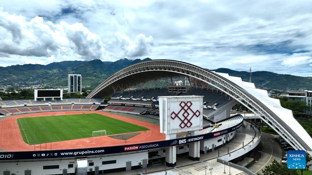 This drone photo shows the China-aided National Stadium of Costa Rica in San Jose, Costa Rica, Sept. 22, 2026. With a standard football pitch, an athletics track and supporting facilities, the National Stadium of Costa Rica can accommodate about 35,000 spectators. (Xinhua/Liu Wenhui)