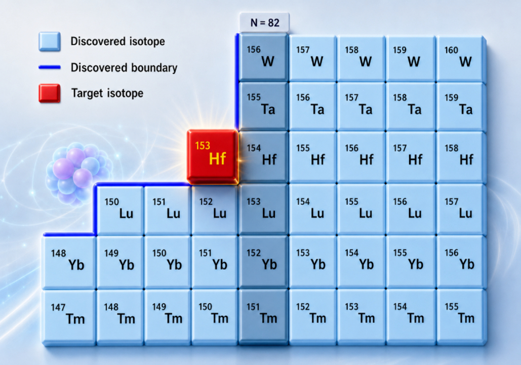 Location of hafnium-153 on the nuclear chart. Blue lines show the boundaries of the known nuclides around it. Photo:Hu Houyu and Li Hongfu