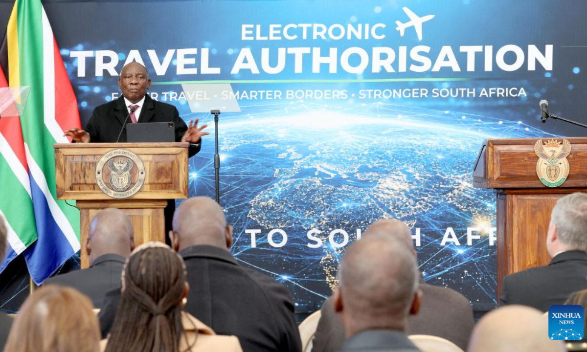 President Cyril Ramaphosa speaks during the launch of South Africa's Electronic Travel Authorization (ETA) system at OR Tambo International Airport in Johannesburg, South Africa, Aug. 12, 2026. Ramaphosa officially launched the country's ETA system on Wednesday, aimed at facilitating travel while strengthening border security and supporting tourism, investment and economic growth. (GCIS/Handout via Xinhua)