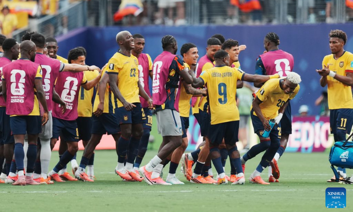 Players of Ecuador celebrate after winning the group E match between Ecuador and Germany at the 2026 FIFA World Cup at New York New Jersey Stadium in New Jersey, the United States, June 25, 2026. (Xinhua/Xu Chang)