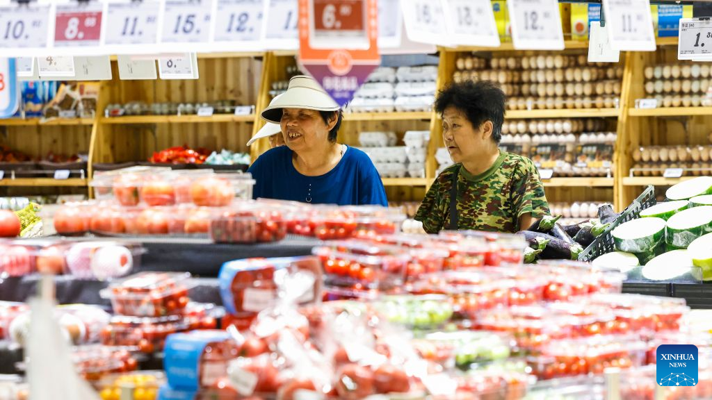 Consumers shop at a supermarket in Sihong County of Suqian, east China's Jiangsu Province, July 9, 2026. The consumer price index (CPI), a main gauge of inflation, rose 1 percent year on year in the first six months of 2026, data from the National Bureau of Statistics (NBS) revealed. In June alone, the CPI gained 1 percent year on year and edged down 0.3 percent month on month, with the core CPI, which excludes food and energy prices, increasing by 1 percent year on year, continuing the moderate upward trend. (Photo by Xu Changliang/Xinhua)
