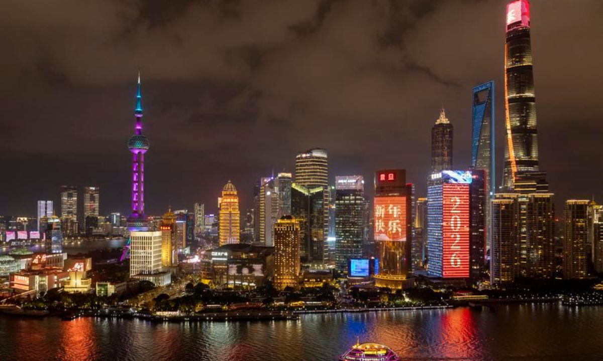 This photo shows the illuminated Lujiazui in celebration of the New Year in east China's Shanghai, Dec. 31, 2025. (Xinhua/Wang Xiang)