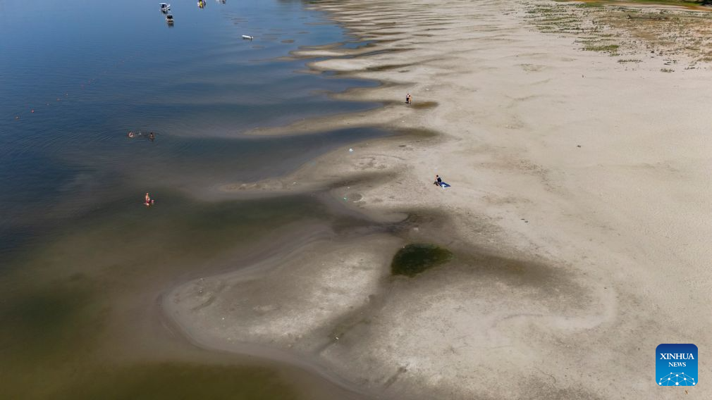 This aerial drone photo taken on Aug. 4, 2026 shows the exposed riverbed of the Danube River near Vukovar, Croatia after a prolonged heatwave. (Davor Javorovic/PIXSELL via Xinhua)
