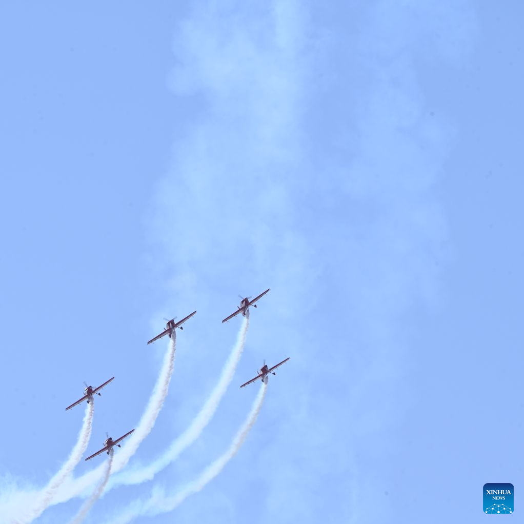 Aircraft are pictured during an aerobatic performance at the Marrakech Air Show 2026 in Marrakech, Morocco, on Oct. 8, 2026. The eighth edition of the Marrakech Air Show is being held at the Marrakech Royal Moroccan Air Force Base from Wednesday to Saturday. More than 200 aerospace and defense companies from 19 countries are participating in the event. (Photo by Aissa/Xinhua)