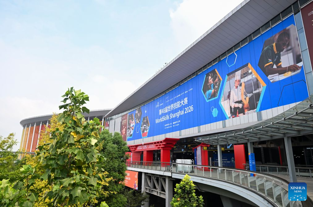 This photo taken on Sept. 21, 2026 shows the National Exhibition and Convention Center (Shanghai), venue of the 48th WorldSkills Competition, in east China's Shanghai. The 48th WorldSkills Competition is scheduled to take place from September 22 to 27 in Shanghai. (Xinhua/Chen Haoming)