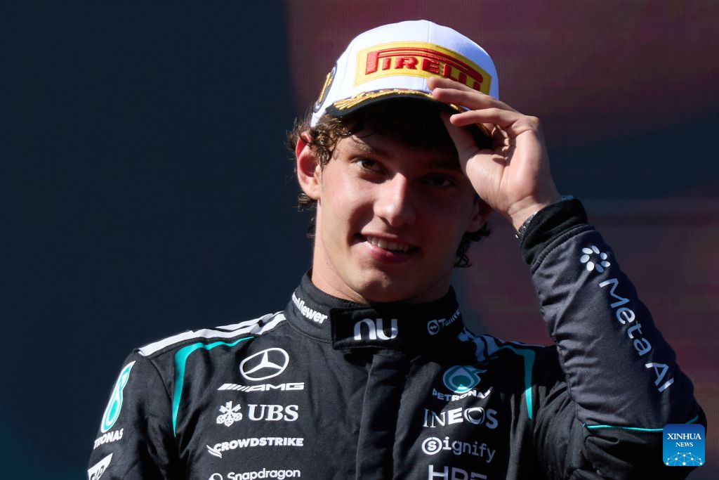 Mercedes' Italian driver Kimi Antonelli reacts on the podium after the Formula 1 Spanish Grand Prix Race at Madring Circuit, Madrid, Spain, Sept. 13, 2026. (Xinhua/Meng Dingbo)