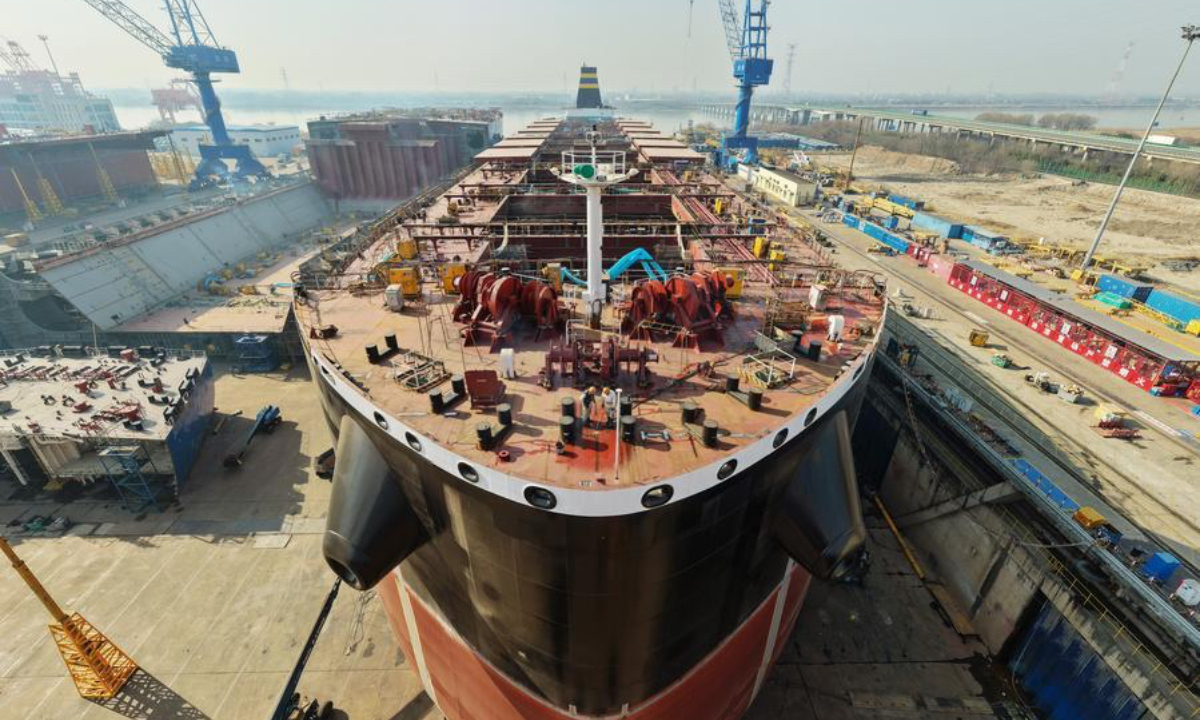 A drone photo taken on Jan. 13, 2026 shows a ship under construction at a shipyard of Cosco Shipping Heavy Industry (Yangzhou) Co., Ltd. in Yangzhou, east China's Jiangsu Province. (Photo by Meng Delong/Xinhua)