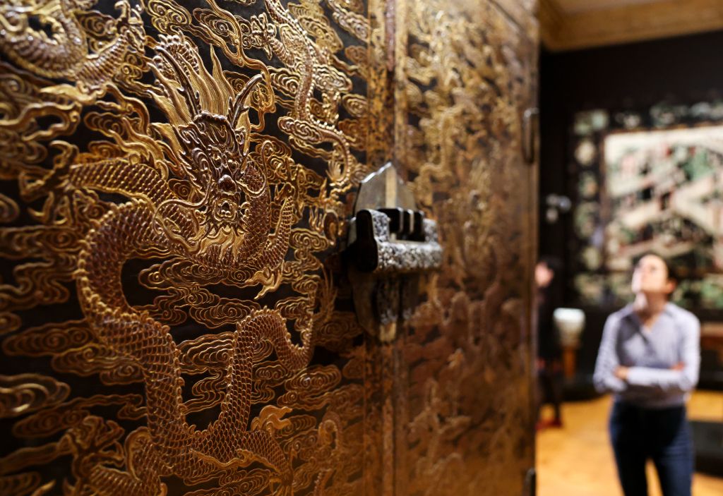 This photo taken on Sept. 15, 2026 shows an exhibit on display at Maison Guimet in Paris, France. Maison Guimet is housed in the Hotel d'Heidelbach, a private mansion built in 1913. The mansion became part of the Guimet National Museum of Asian Arts in 1991 and reopened to the public as Maison Guimet in May, 2026 following renovation. (Xinhua/Wu Huiwo)