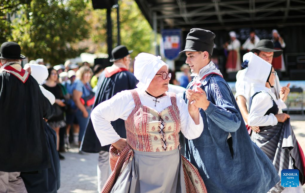 A float parade is seen during the Harvest Festival in Provins, France, Aug. 23, 2026. The medieval town of Provins celebrated its Harvest Festival on Sunday, featuring float parades, traditional threshing demonstrations, vintage tractors and folk dances. (Xinhua/Wu Huiwo)