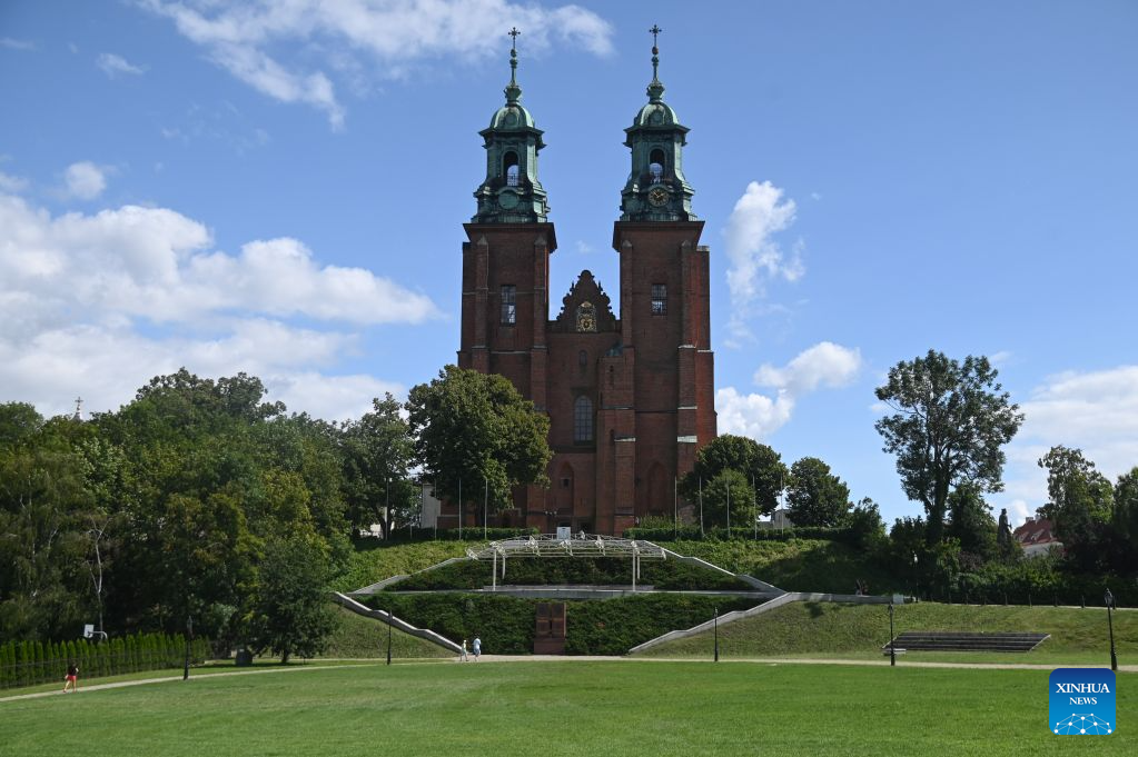 This photo taken on Aug. 11, 2026 shows a church in Gniezno, Poland. Gniezno is one of Poland's oldest cities and is known for its rich history and cultural heritage. (Photo by Aleksy Witwicki/Xinhua)
