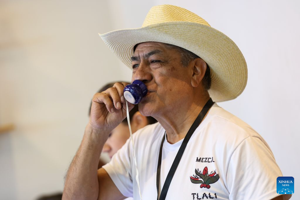 A man takes part in a tasting during the Pulque, Traditional Cuisine and Mezcal Festival in Mexico City, capital of Mexico, Sept. 5, 2026. The event, featuring more than 100 varieties and expressions of agave-based beverages, as well as tastings, food pairings and other activities, was held in Mexico City on Saturday. (Photo by Francisco Canedo/Xinhua)