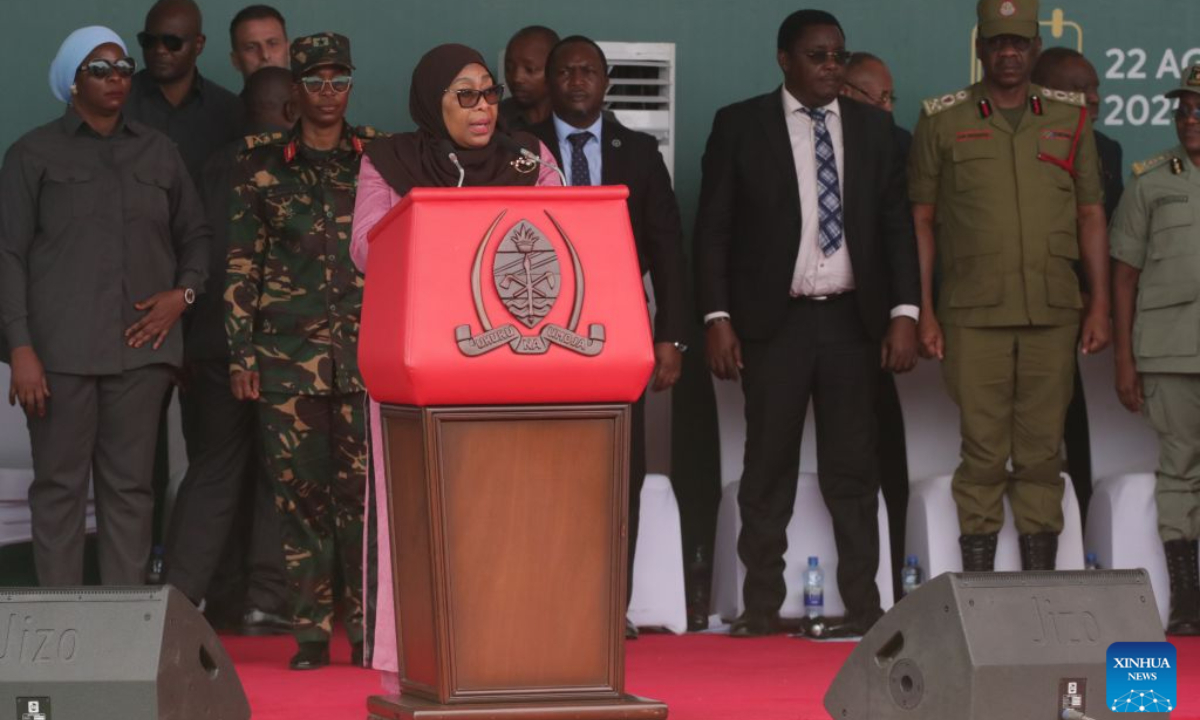 Tanzanian President Samia Suluhu Hassan addresses the inauguration ceremony of the Julius Nyerere Hydropower Plant in Coast Region, Tanzania, Aug. 22, 2026. Hassan on Saturday inaugurated the 2,115-megawatt Julius Nyerere Hydropower Plant, a landmark project expected to strengthen electricity supply and accelerate industrial and economic development. (Xinhua/Emmanuel Herman)