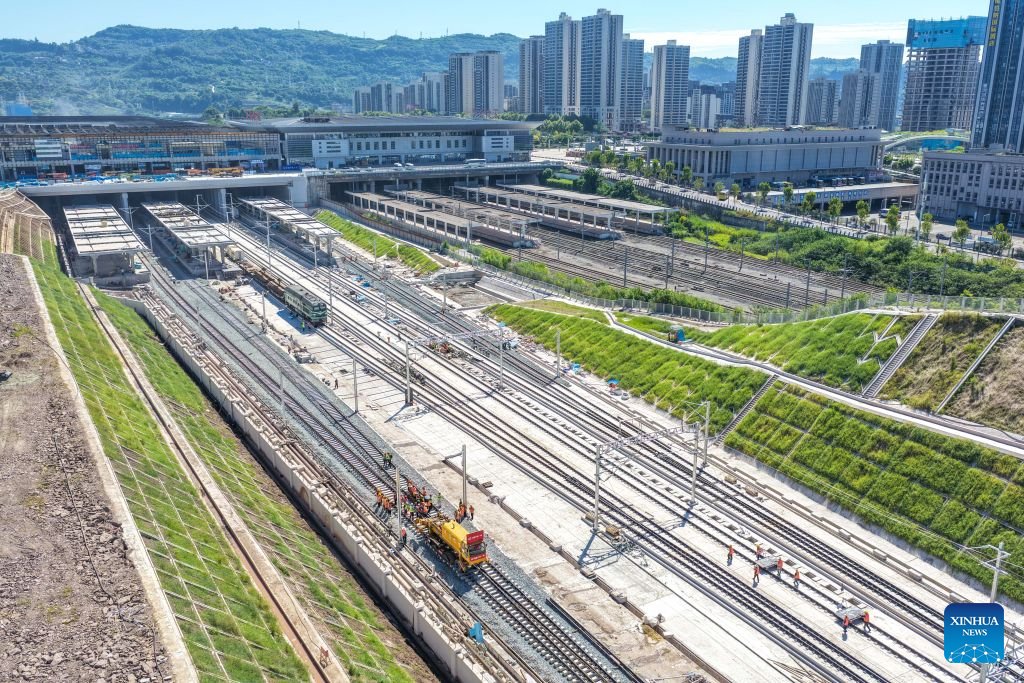 An aerial drone photo shows track laying underway along the Chongqing-Wanzhou High-Speed Railway in Wanzhou District of Chongqing, southwest China, Sept. 1, 2026.

The Chongqing-Wanzhou High-Speed Railway completed track laying on Tuesday, paving the way for the 350 km/h line's planned opening. (Xinhua/Tang Yi)