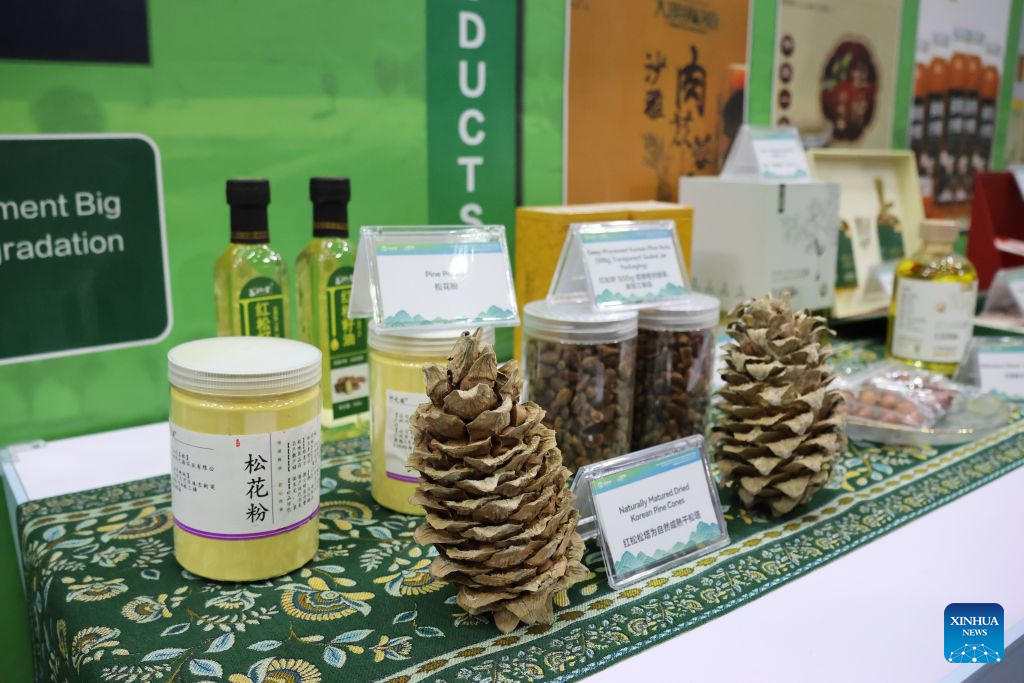 Exhibits are displayed at the exhibition area of the China Corner in the Blue Zone of the 17th Session of the Conference of the Parties (COP17) to the United Nations Convention to Combat Desertification (UNCCD) in Ulan Bator, Mongolia, Aug. 17, 2026. The China Corner themed exhibition made its debut on Monday, showcasing China's experience and achievements in combating desertification. (Xinhua/Bolortsetseg)