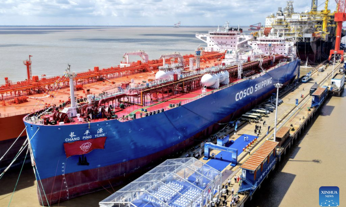A drone photo taken on Sept. 8, 2026 shows the Chang Ping Yuan, a very large gas carrier (VLGC), at a port of COSCO Shipping (Qidong) Offshore Co., Ltd. in Qidong, east China's Jiangsu Province. The independently designed and built 88,000-cubic-meter very large gas carrier (VLGC) Chang Ping Yuan was delivered on Tuesday. The vessel is 230 meters in length and has a moulded depth of 23.85 meters. (Photo by Xu Congjun/Xinhua)