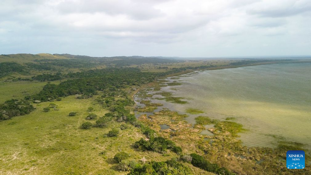 An aerial drone photo taken on Aug. 20, 2026 shows a view of iSimangaliso Wetland Park in KwaZulu-Natal Province, South Africa. Located in northern KwaZulu-Natal Province, the park features a rich diversity of ecosystems, including lakes, wetlands, beaches and coastal forests. It was inscribed on the UNESCO World Heritage List in 1999. (Xinhua/Chen Wei)