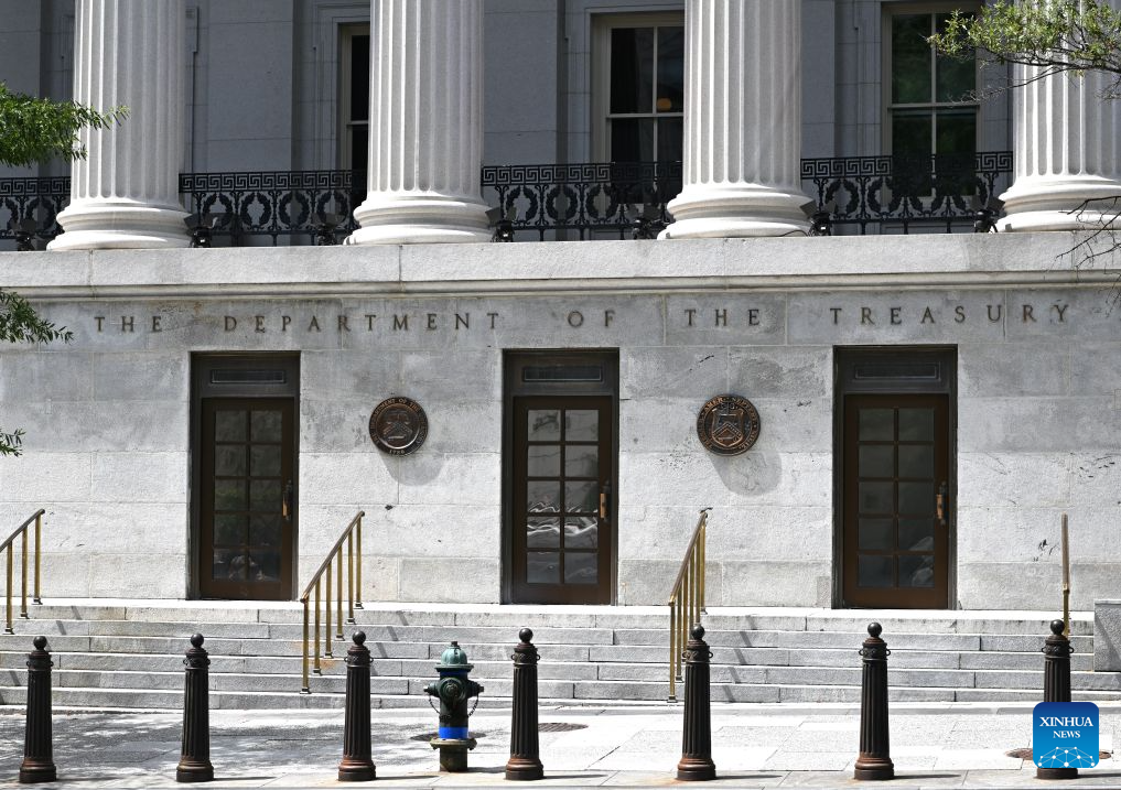 This photo taken on Aug. 24, 2026 shows the U.S. Department of the Treasury in Washington, D.C., the United States. U.S. Treasury Secretary Scott Bessent on Monday threatened Iran with an economic D-Day, announcing a wave of new sanctions aimed at further isolating the country. (Xinhua/Li Rui)