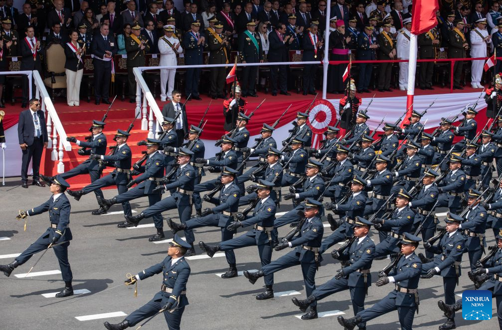 Soldiers participate in a parade to commemorate the 205th anniversary of Peru's independence in Lima, Peru, July 29, 2026. (Photo by Mariana Bazo/Xinhua)