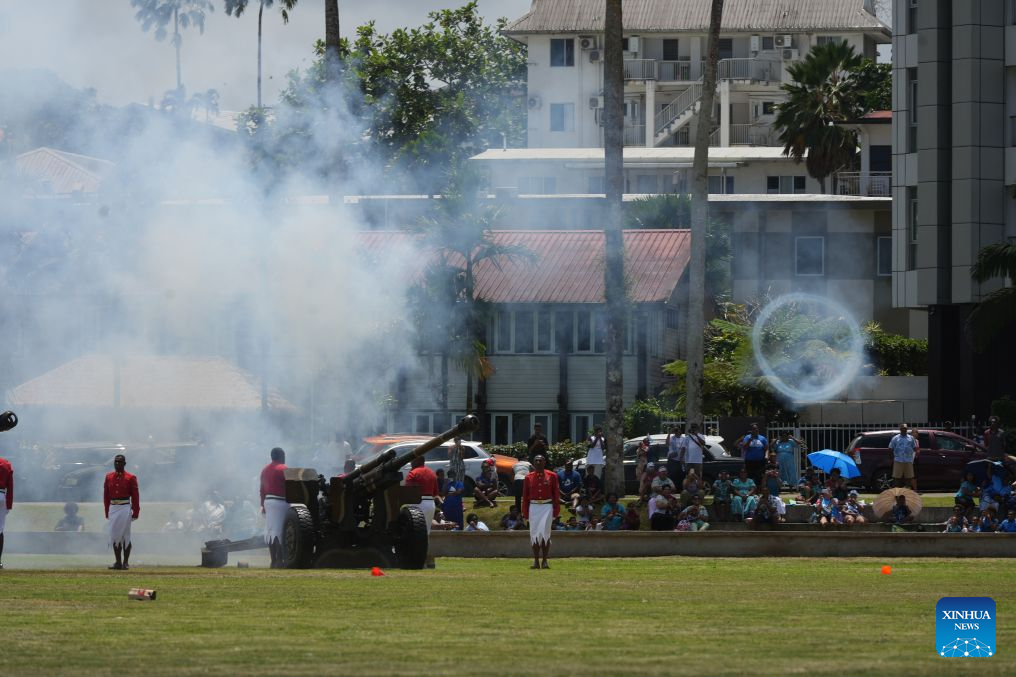 A gun salute is fired during the Fiji Day celebrations at Albert Park in Suva, Fiji, Oct. 10, 2026. October 10 marks Fiji's national day, also known as Fiji Day. (Xinhua/Bai Yongquan)