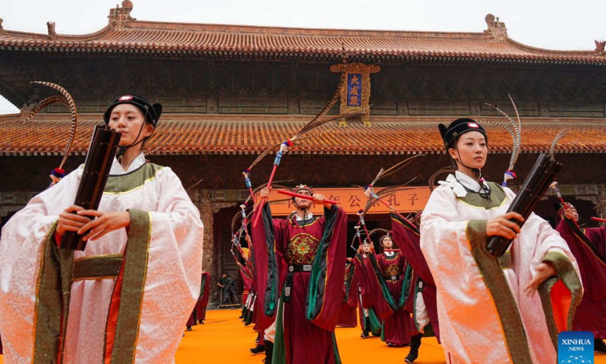 Actors dressed in traditional attire perform during a grand ceremony honoring Confucius in Qufu, east China's Shandong Province, Sept. 28, 2026. A grand ceremony honoring the ancient Chinese sage Confucius was held on Monday in Qufu, the hometown of Confucius, to commemorate the 2,577th anniversary of his birth. (Xinhua/Zhu Zheng)