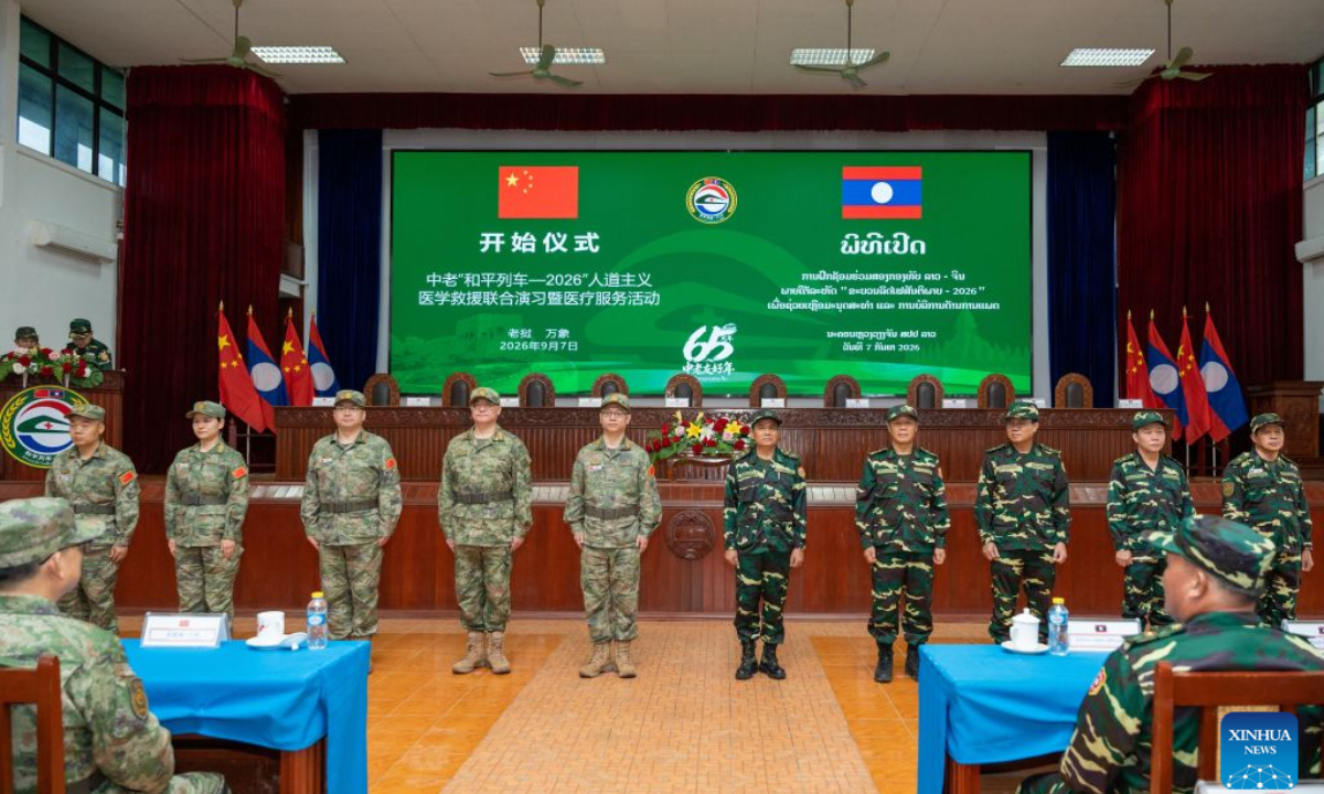 This photo taken on Sept. 7, 2026 shows a view of the opening ceremony of the China-Laos Peace Train-2026 joint humanitarian medical rescue exercise in Vientiane, Laos. The China-Laos Peace Train-2026 joint humanitarian medical rescue exercise opened in the Lao capital Vientiane on Monday.

According to a member of the Chinese command and coordination group for the joint exercise, this year's exercise is being held against the backdrop of the 65th anniversary of the establishment of diplomatic relations between China and Laos, the China-Laos Friendship Year, and the fifth anniversary of the opening of the China-Laos Railway. It is the sixth time the two militaries have held this series of joint exercises. (Photo by Kaikeo Saiyasane/Xinhua)
