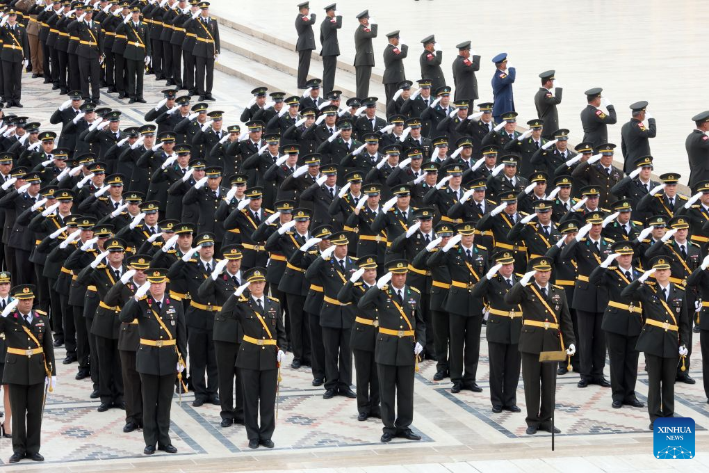 Military personnel attend a celebration marking the 104th anniversary of Victory Day at the Ataturk Mausoleum in Ankara, Türkiye, Aug. 30, 2026. (Mustafa Kaya/Handout via Xinhua)