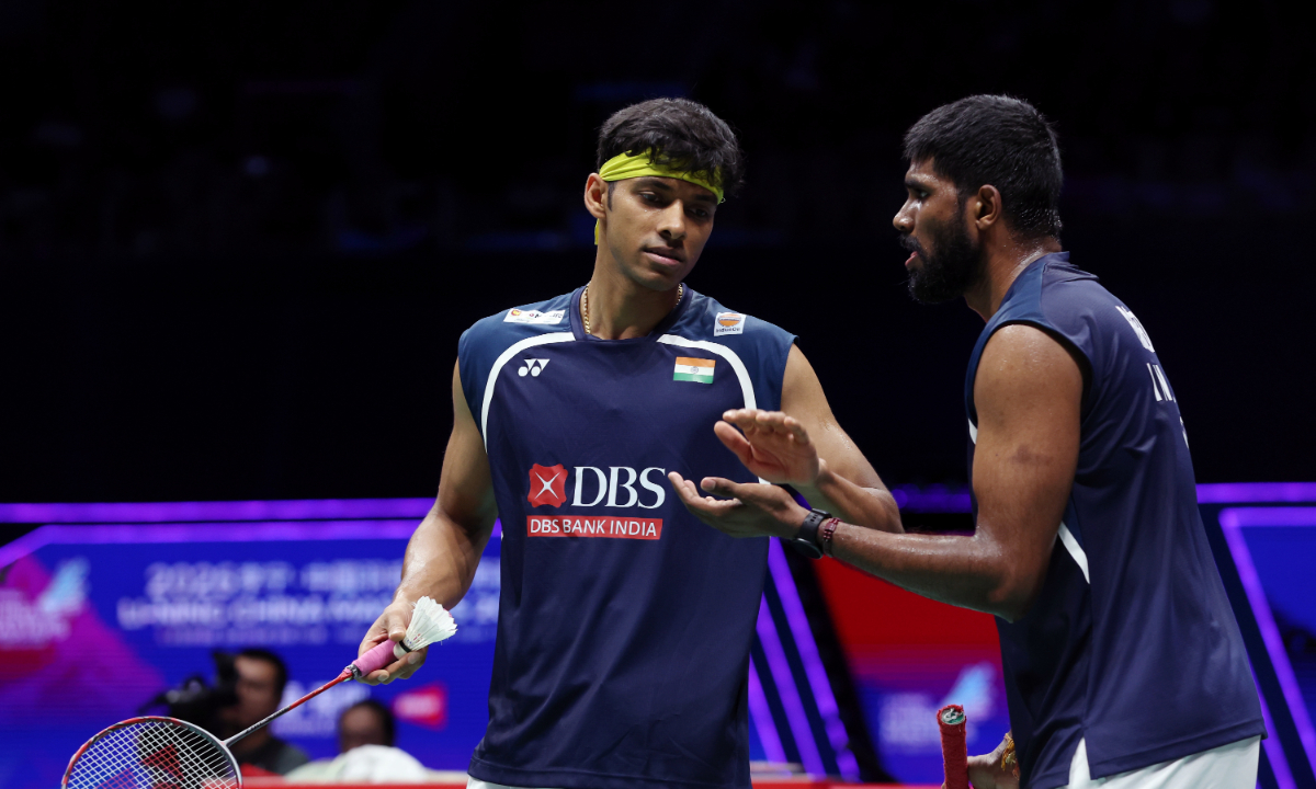 India's Chirag Shetty and Satwiksairaj Rankireddy react during the men's doubles final match against China's He Jiting and Ren Xiangyu at the China Masters badminton tournament in Shenzhen, South China's Guangdong Province, on September 6, 2026 Photo: Cui Meng/GT