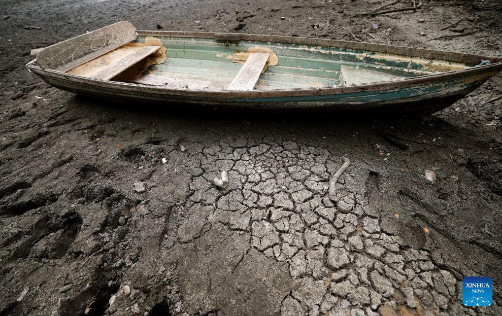 Dried and cracked bed of the Hollow Pond is pictured in London, Britain, on Aug. 18, 2026. In Britain, extreme dryness becomes a defining feature of the summer. Provisional data from the Met Office showed that England and Wales experienced their driest July on record, while nearly three-quarters of England was officially under drought conditions by Aug. 10. (Xinhua/Li Ying)