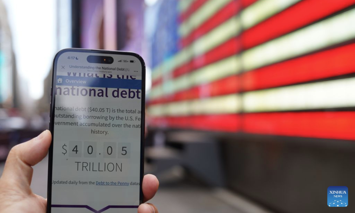 This photo taken on Aug. 19, 2026 shows the U.S. national debt surpassing 40 trillion U.S. dollars, in New York, the United States. The U.S. national debt has surpassed 40 trillion U.S. dollars, according to data released by the Treasury Department on Wednesday. (Xinhua/Zhang Fengguo)
