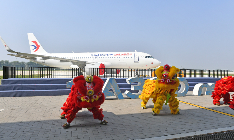 A lion dance ceremony is held to celebrate the delivery of Airbus' first aircraft assembled at its new Final Assembly Line for A320 family aircraft in North China's Tianjin Municipality on September 16, 2026. The Tianjin assembly line is the second of its kind in both China and Asia. Photo: VCG