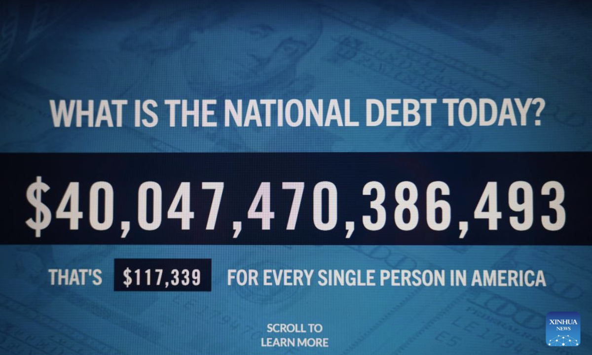 A screen displays the U.S. national debt surpassing 40 trillion U.S. dollars, in New York, the United States. The U.S. national debt has surpassed 40 trillion dollars for the first time in history, according to data released by the Treasury Department on Wednesday. (Xinhua/Zhang Fengguo)