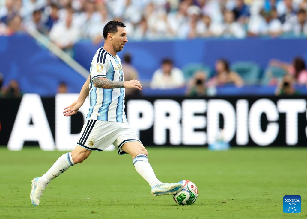 Lionel Messi of Argentina controls the ball during the round of 32 match between Argentina and Cabo Verde at the 2026 FIFA World Cup at Miami Stadium, Miami, the United States, July 3, 2026. (Xinhua/Zhang Chen)