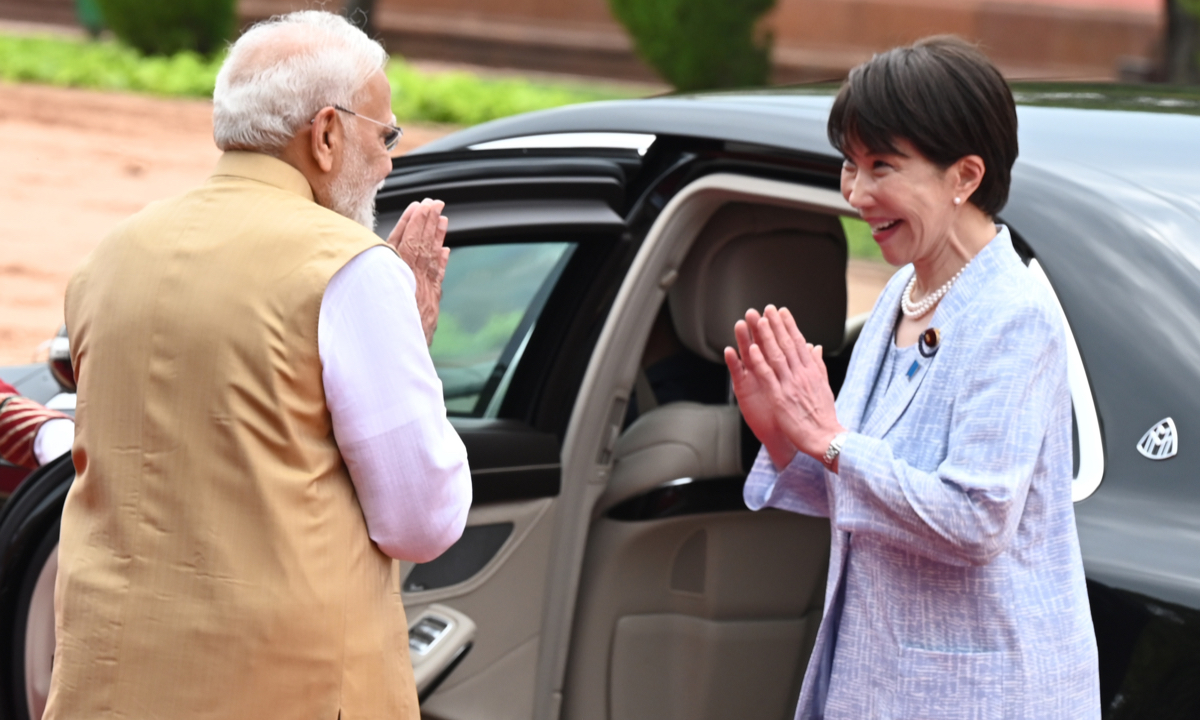 Prime Minister Narendra Modi welcomes Japanese Prime Minister Sanae Takaichi during her ceremonial reception at Rashtrapati Bhavan on July 2, 2026, in New Delhi, India. Photo: VCG
