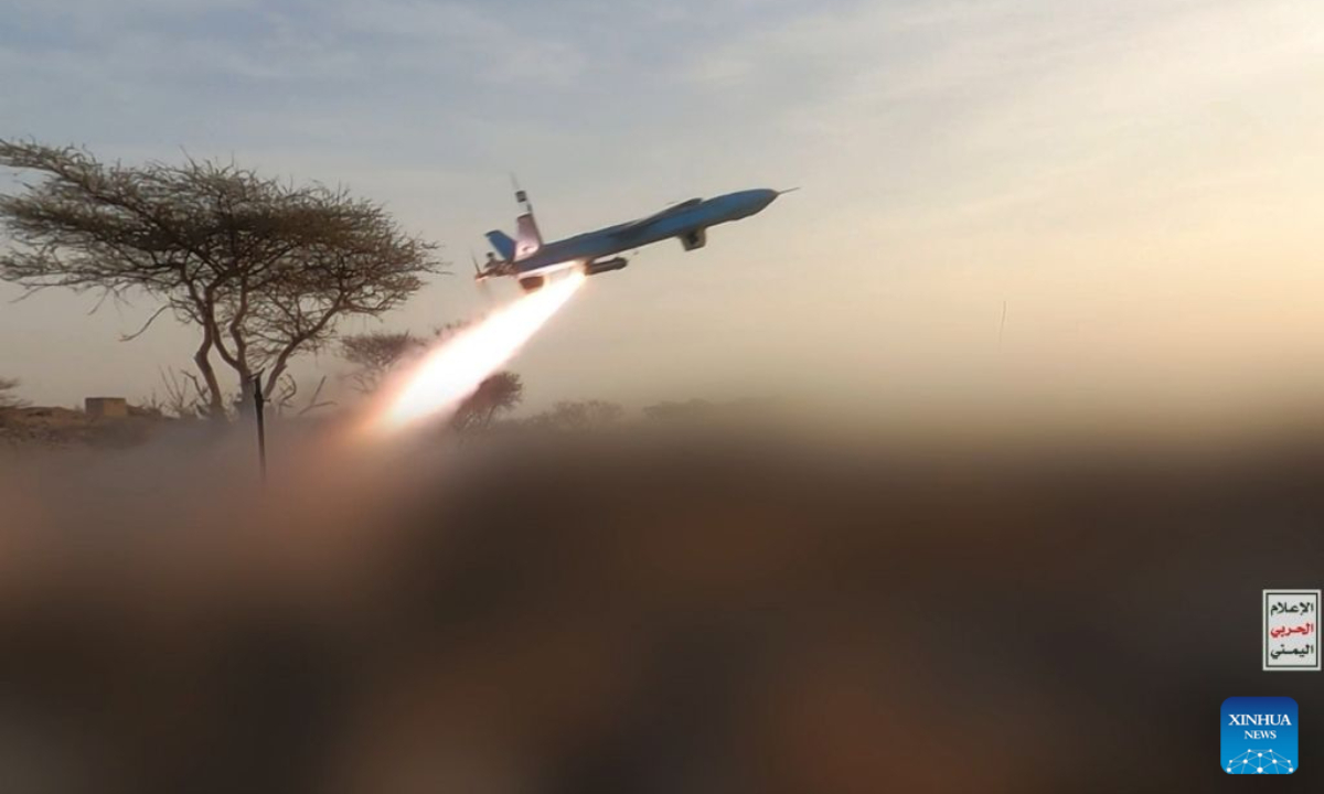 This handout photo provided by Houthi Media Center shows the launch of a drone allegedly toward Mocha in Yemen, on Aug. 9, 2026. At least eight people were killed on Sunday as Yemen's Houthi group launched a wave of missile and drone attacks on the Red Sea port city of Mocha and other government-held areas along the country's western coast, local sources said. (Houthi Media Center/Handout via Xinhua)