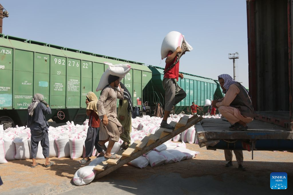Workers operate at loading area of Hairatan railway port in Balkh Province, northern Afghanistan, Sept. 17, 2026. (Photo by Saifurahman Safi/Xinhua)