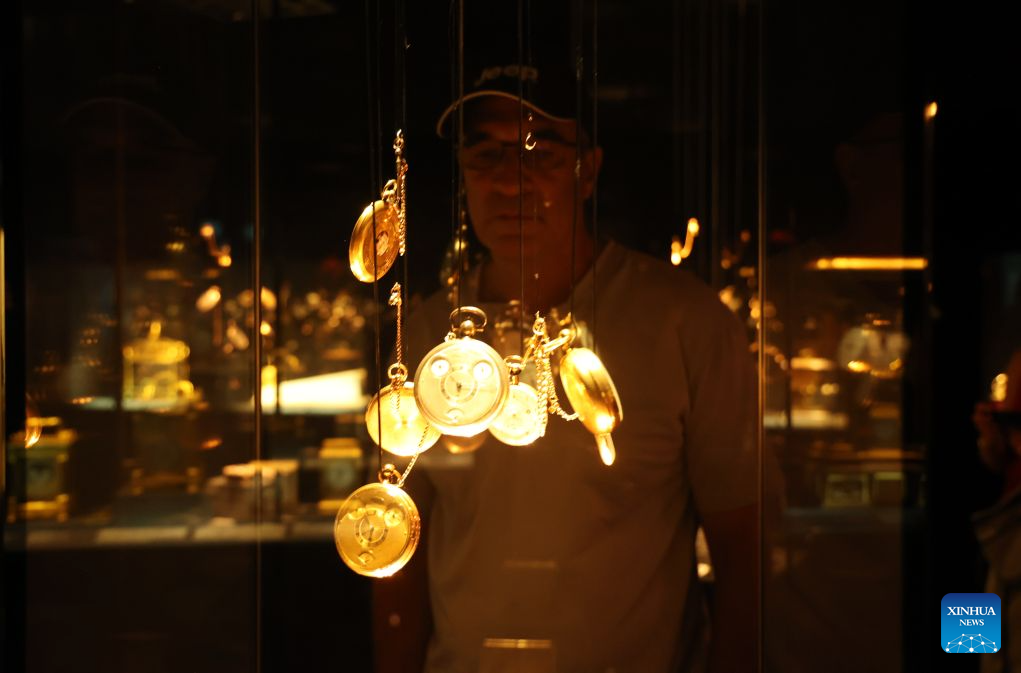 A man visits the Clock Gallery of the Jerusalem Museum of Art in Jerusalem, Aug. 26, 2026. The Clock Gallery of the Jerusalem Museum of Art showcases over 200 rare timepieces from the 18th and 19th centuries, including pocket watches, table clocks, and novelty clocks, highlighting the fusion of precision engineering and fine craftsmanship. (Photo by Gil Cohen Magen/Xinhua)