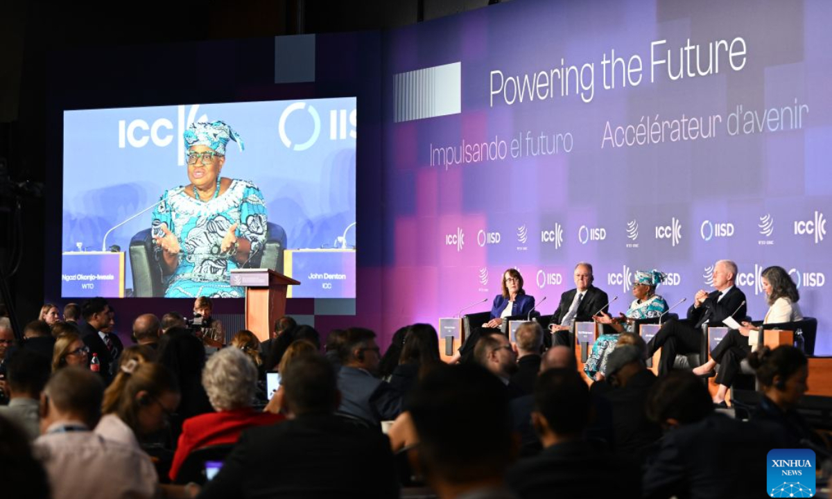 World Trade Organization (WTO) Director-General Ngozi Okonjo-Iweala speaks at the WTO Public Forum in Geneva, Switzerland, Sept. 15, 2026. (Xinhua/Lian Yi)