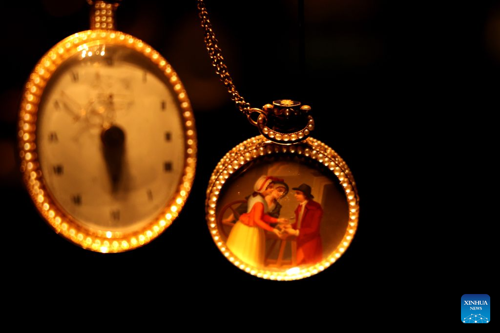 Photo taken on Aug. 26, 2026 shows a pocket watch displayed at the Clock Gallery of the Jerusalem Museum of Art in Jerusalem. The Clock Gallery of the Jerusalem Museum of Art showcases over 200 rare timepieces from the 18th and 19th centuries, including pocket watches, table clocks, and novelty clocks, highlighting the fusion of precision engineering and fine craftsmanship. (Photo by Gil Cohen Magen/Xinhua)